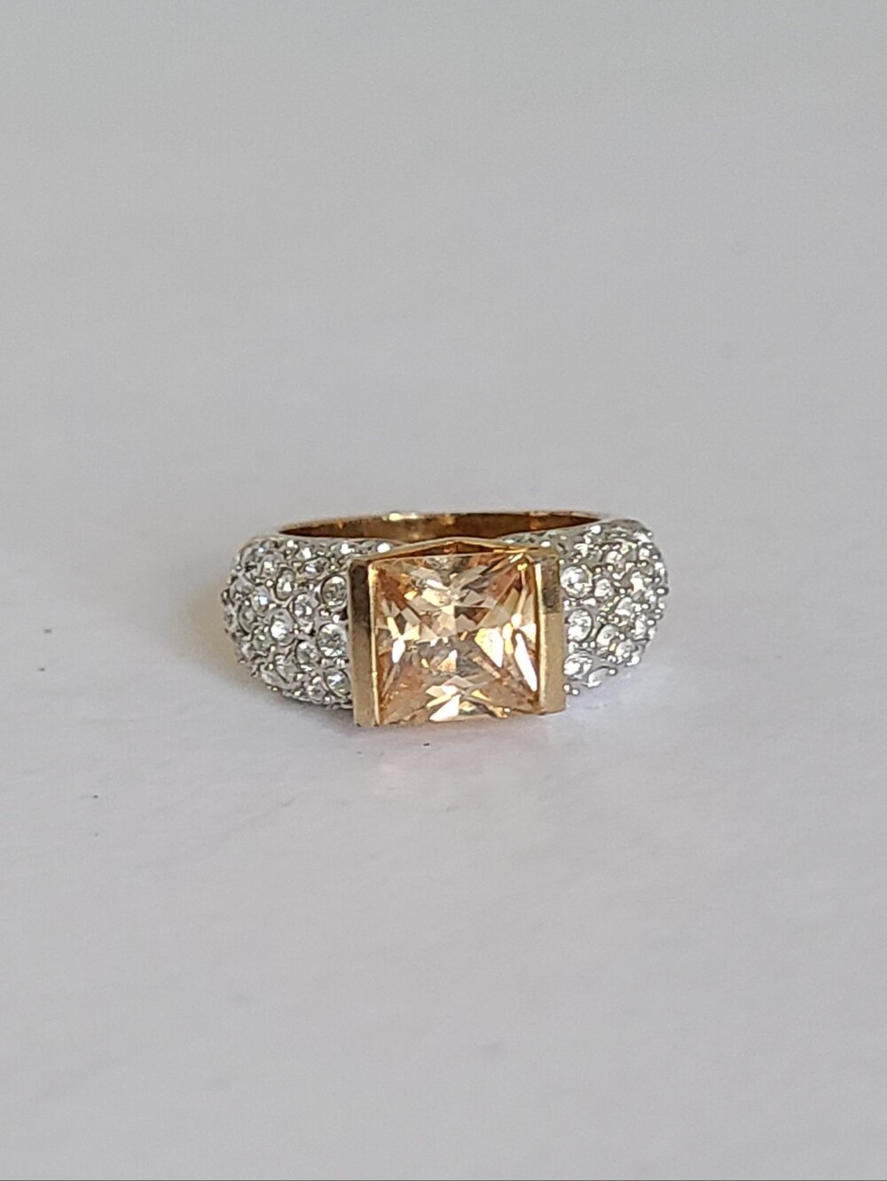 Vintage Nolan Miller Gold Tone Rhinestone Cluster Peach Princess Cocktail Ring